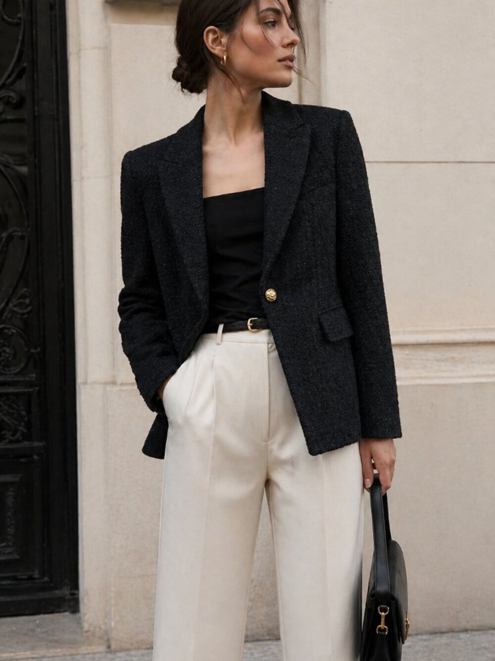 ZARA Black Tweed Blazer XS Tailored Jacket Gold Button Classic Chic Structured